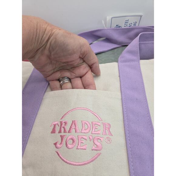 Trader Joes Small Canvas Tote Bag Mini Pastel Lavender Purple New Outside Pocket - Picture 2 of 6